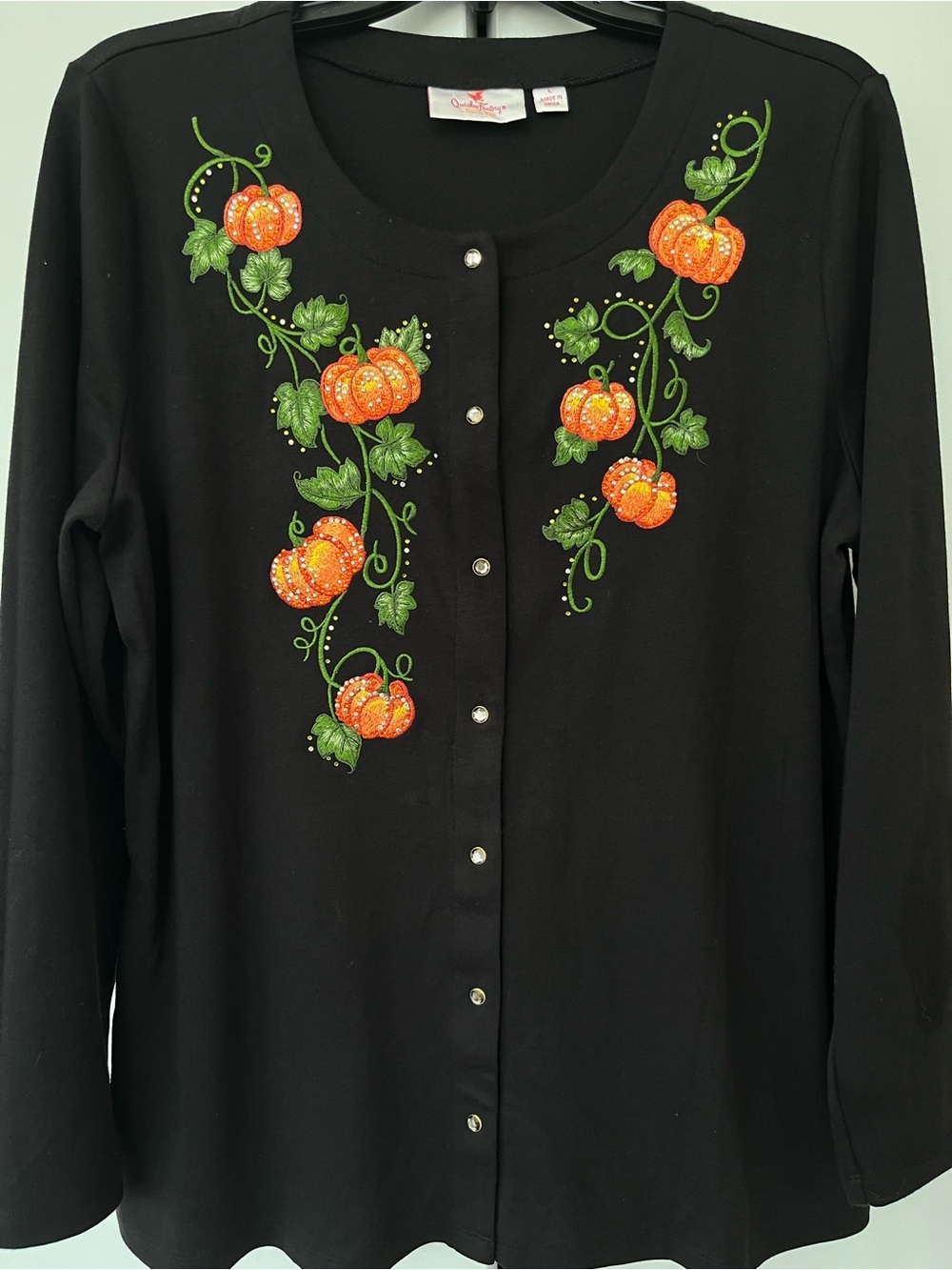 Quaker Factory Autumn Fall Pumpkin Cottagecore Cardigan Size L Black